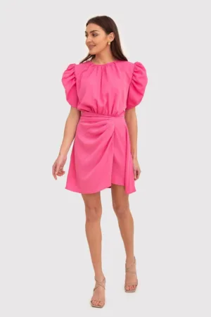 Rochie mini cu maneci scurte bufante - Roz - DA1779 PINK