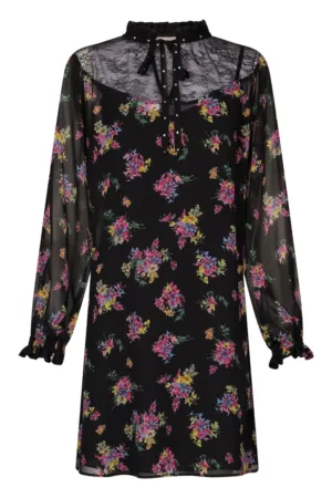 Rochie mini cu model floral si insertii de dantela