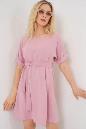 Rochie mini dama cu cordon - poliester/elastan - roz