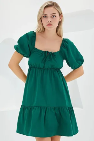 Rochie mini dama decolteu patrat - forma de A - bumbac/poliester - verde