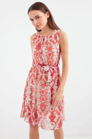 Rochie mini dama decolteu rotund - poliester - alb/rosu