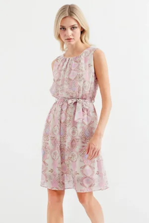 Rochie mini dama decolteu rotund - poliester - alb/roz