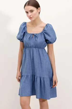 Rochie mini dama - forma A - decolteu patrat - bumbac/poliester - albastru