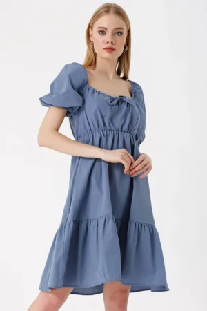 Rochie mini dama - forma A - decolteu patrat - bumbac/poliester - albastru indigo