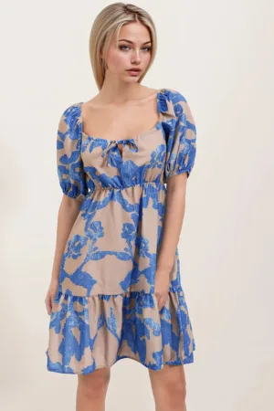 Rochie mini dama - forma A - decolteu patrat - bumbac/poliester - bej/albastru