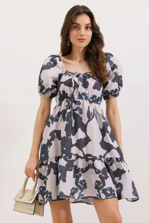 Rochie mini dama - forma A - decolteu patrat - bumbac/poliester - bleumarin/alb