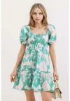 Rochie mini dama - HiCCUP - forma A - decolteu patrat - bumbac/poliester - verde/alb