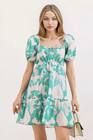 Rochie mini dama - forma A - decolteu patrat - bumbac/poliester - verde/alb