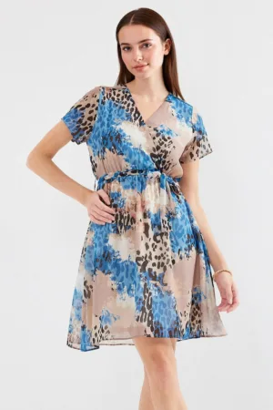 Rochie mini dama imprimeu floral - decolteu in V - textil - multicolor