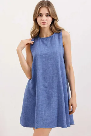 Rochie mini dama HiCCUP - viscoza/in - decolteu rotund - fara maneci - albastru