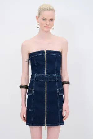 Rochie mini de denim cu cordon in talie