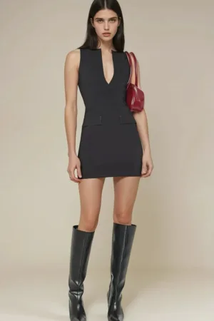 Rochie mini -  decolteu adanc in V - negru - textil