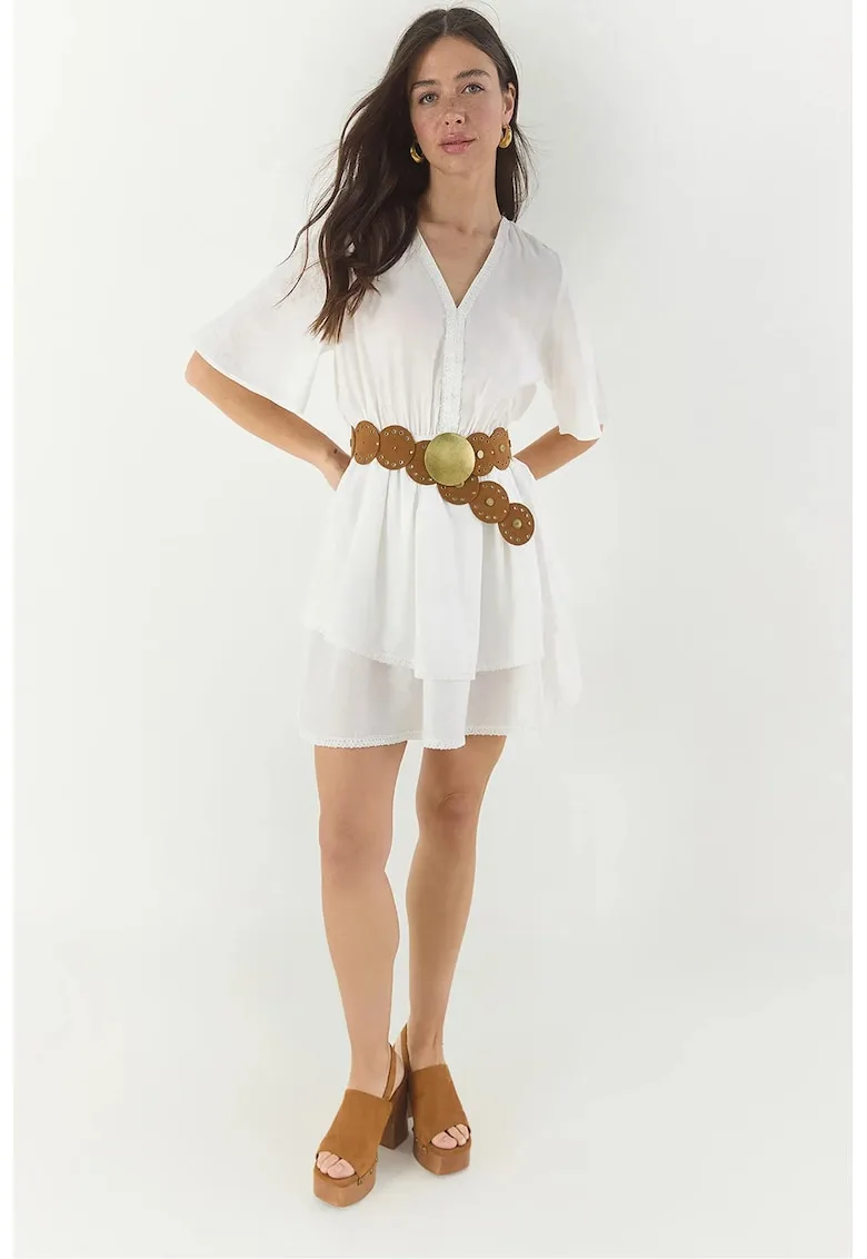 Rochie mini - decolteu in V - detalii din dantela - alb - viscoza si nailon