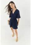 Rochie mini -  decolteu in V - detalii din dantela - albastru - viscoza si nailon