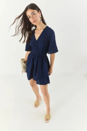 Rochie mini -  decolteu in V - detalii din dantela - albastru - viscoza si nailon