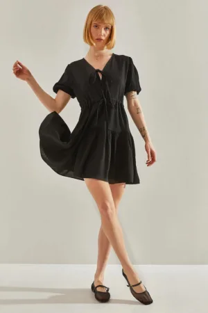 Rochie mini -  decolteu in V - funda - negru - poliester-bumbac