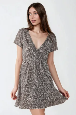 Rochie mini -  decolteu in V - imprimeu floral - maro melange - textil