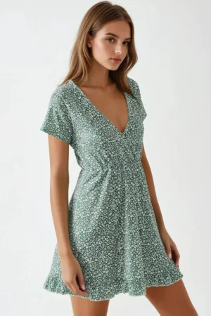Rochie mini -  decolteu in V - imprimeu floral - verde menta - textil