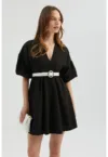 Rochie mini  decolteu in V - maneci bufante - neagra - textila