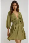 Rochie mini  decolteu in V - maneci lungi - verde - textil