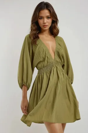 Rochie mini  decolteu in V - maneci lungi - verde - textil