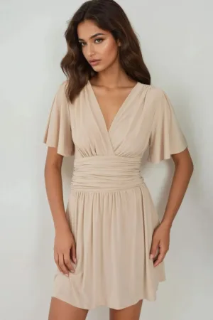 Rochie mini  decolteu in V - maneci scurte - bej - jerseu