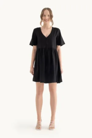 Rochie mini  decolteu in V - maneci scurte - neagra - textil