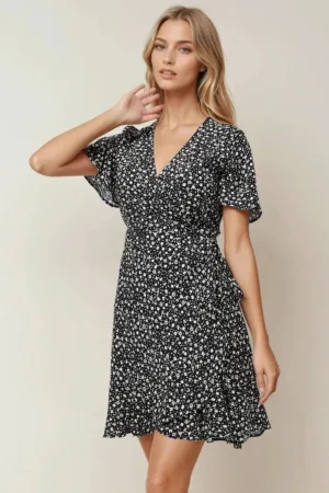 Rochie mini -  decolteu in V - negru - jerseu