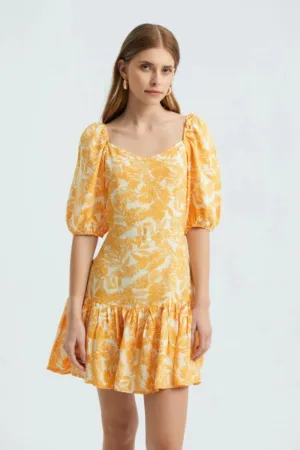 Rochie mini -  decolteu in V - volane - galben - textil