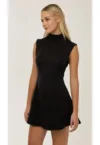 Rochie mini -  decolteu inalt - neagra - textil