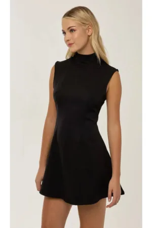 Rochie mini -  decolteu inalt - neagra - textil