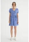 Rochie mini -  decolteu tip surplis - maneci bufante - albastra - textil