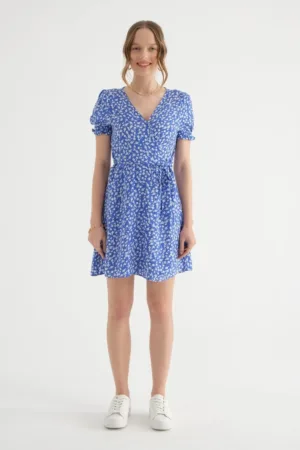 Rochie mini -  decolteu tip surplis - maneci bufante - albastra - textil