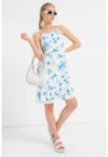 Rochie mini din amestec de in - Alb - Albastru royal - 65499