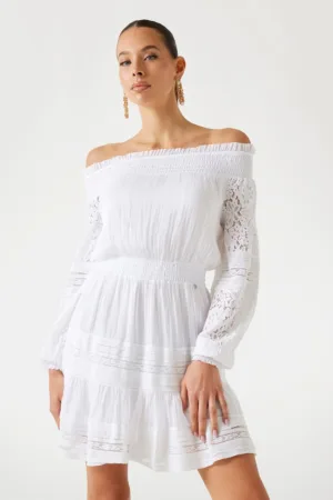 Rochie mini din amestec de matase cu decolteu pe umeri