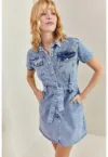 Rochie mini din denim  cu guler camasa - curea - albastru - fabricata din denim