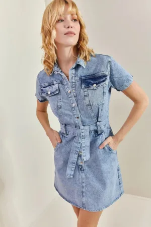 Rochie mini din denim cu guler camasa - curea - albastru - fabricata din denim