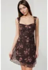 Rochie mini -  din tul cu imprimeu - decolteu inima - maro