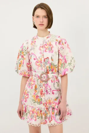 Rochie mini evazata cu model si maneci bufante