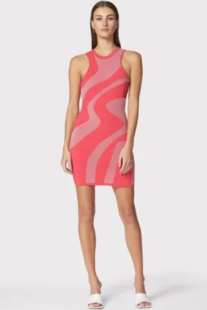 Rochie mini - fara maneci din jacquard dublu tricotat - cu imprimeu abstract