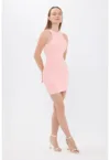 Rochie mini -  fara maneci - guler halter - roz - textil