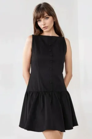 Rochie mini  fara maneci - in A - cu nasturi - negru - textil