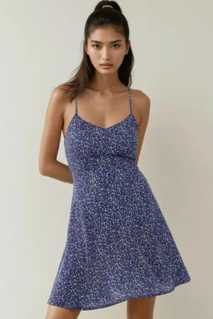 Rochie mini -  floral - decolteu in V - albastru - jerseu