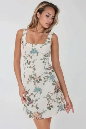 Rochie mini  floral - decolteu patrat - alb - textil