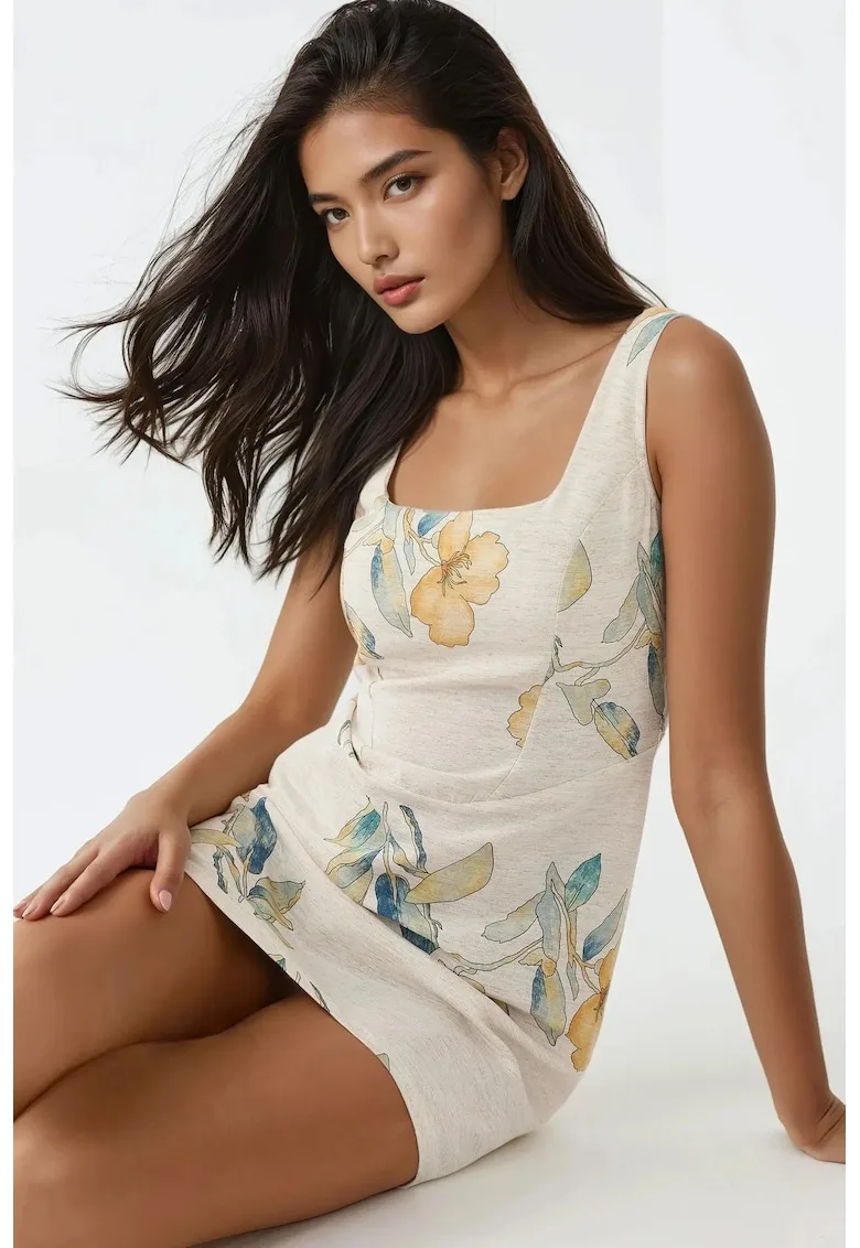 Rochie mini floral - decolteu patrat - bej - textil