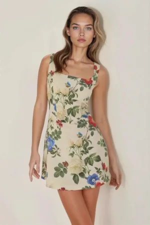 Rochie mini -  floral - decolteu patrat - multicolor - textil
