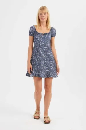 Rochie mini -  floral - umeri goi - albastra - textil