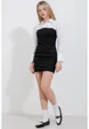 Rochie mini  guler camasa - funda - negru - poliester-bumbac