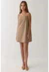 Rochie mini -  guler patrat - buzunare - bej - textil