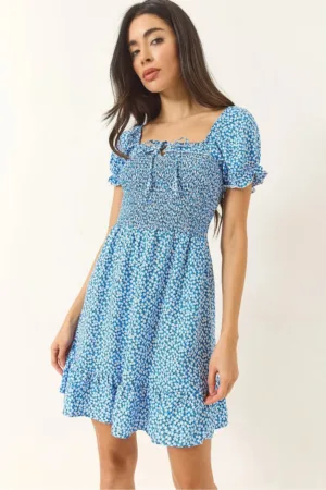 Rochie mini - guler patrat - volane florale - albastru - viscoza